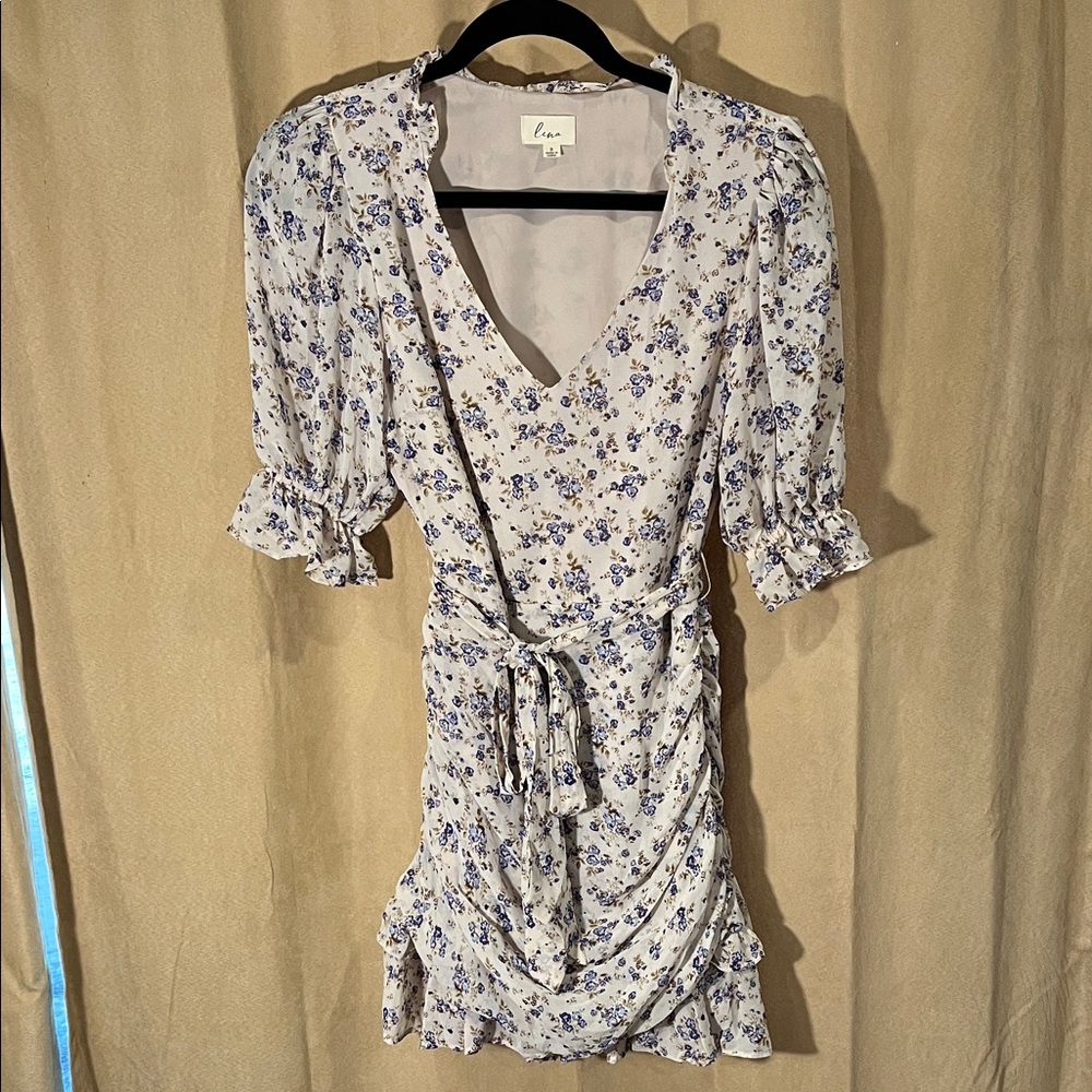 Lena Cream Mini Dress with Blue Floral Print